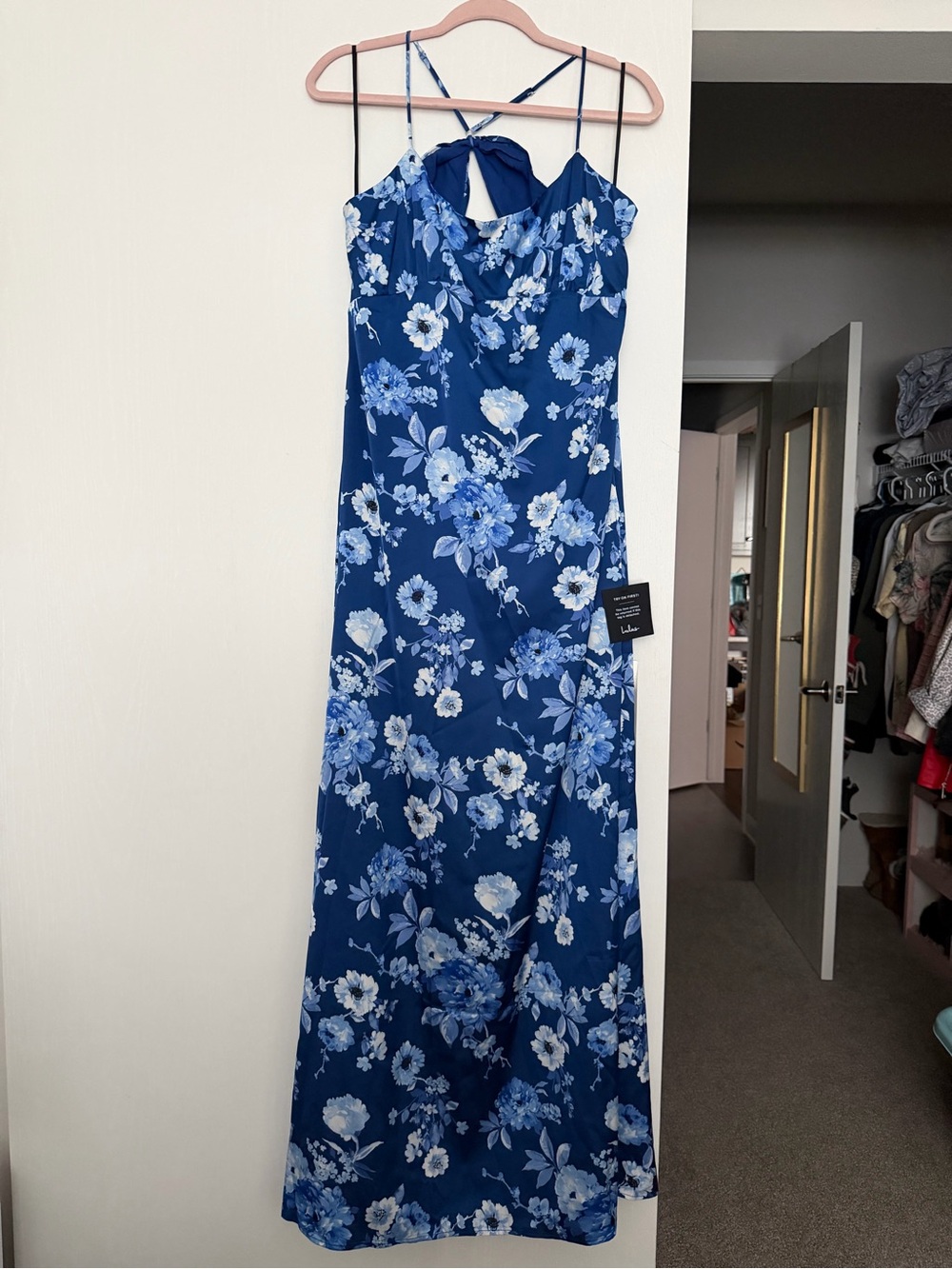 Lulu's Navy & Light Blue Floral Maxi Dress with Tie Back
